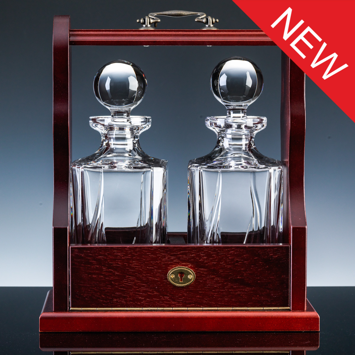 Inverness Crystal Flame Pair Panelled Decanters and Wood Tantalus