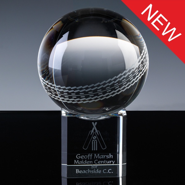 Optical Crystal Sports Trophies 4 inch Cricket Ball, Single, Velvet Casket