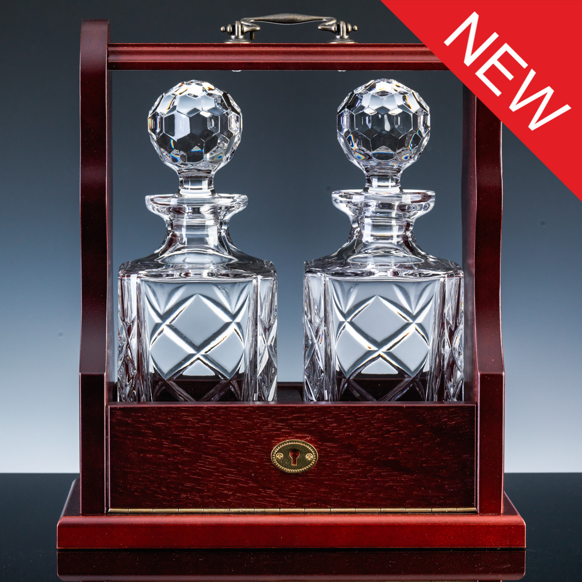 Inverness Crystal Traditional Pair Panelled Decanters and Wood Tantalus